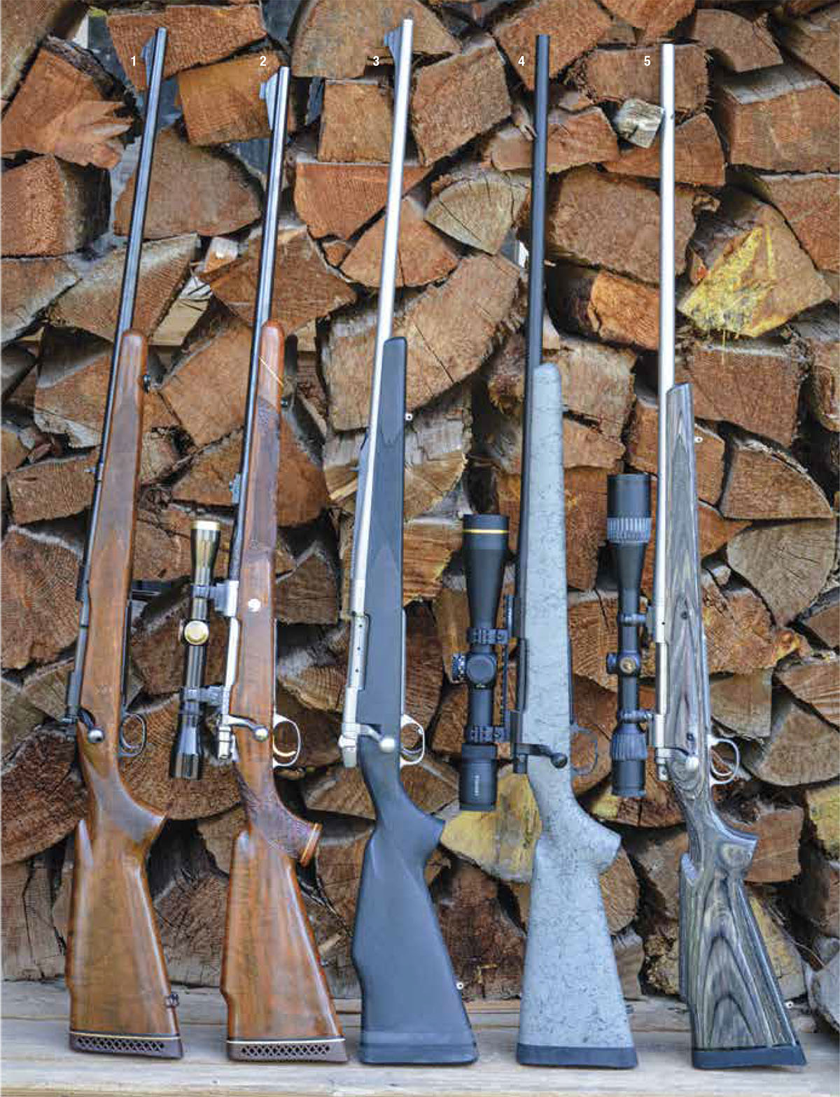 Various .338-caliber cartridges offer an outstanding blend of power, downrange power, trajectory and manageable recoil: (1) Winchester pre-’64 Model 70 338 Winchester Magnum, (2) Browning Olympian grade 338 Winchester from the Elmer Keith collection, (3) Weatherby Mark V 340 Magnum, (4) Nosler Model 48 chambered in 33 Nosler and (5) Remington 700 chambered in 338 Remington Ultra Magnum.